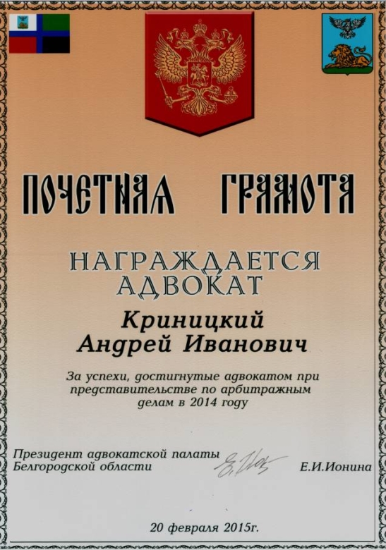 За успехи, достигнутые адвокатом при представительстве по арбитражным делам в 2014 году.